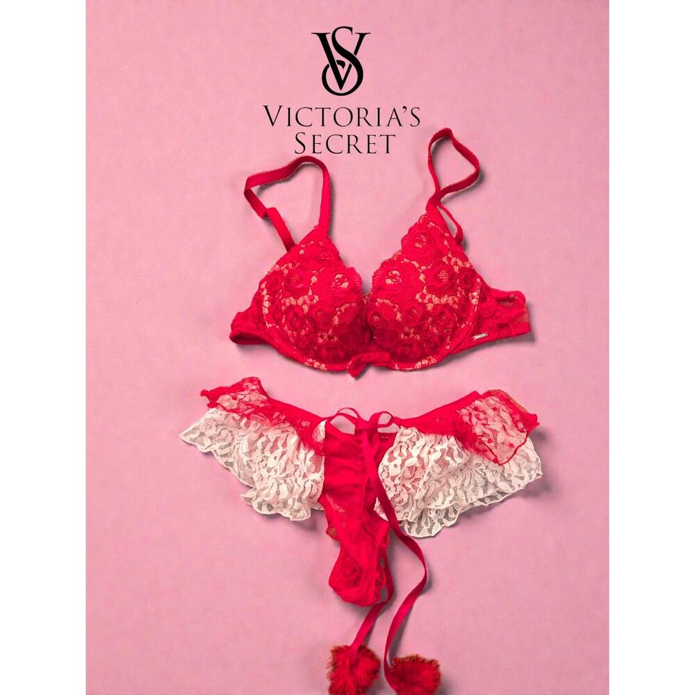 Victoria's Secret Red & Pink Bra Panty Set – Sexy Christmas Lingerie 34A/ XS